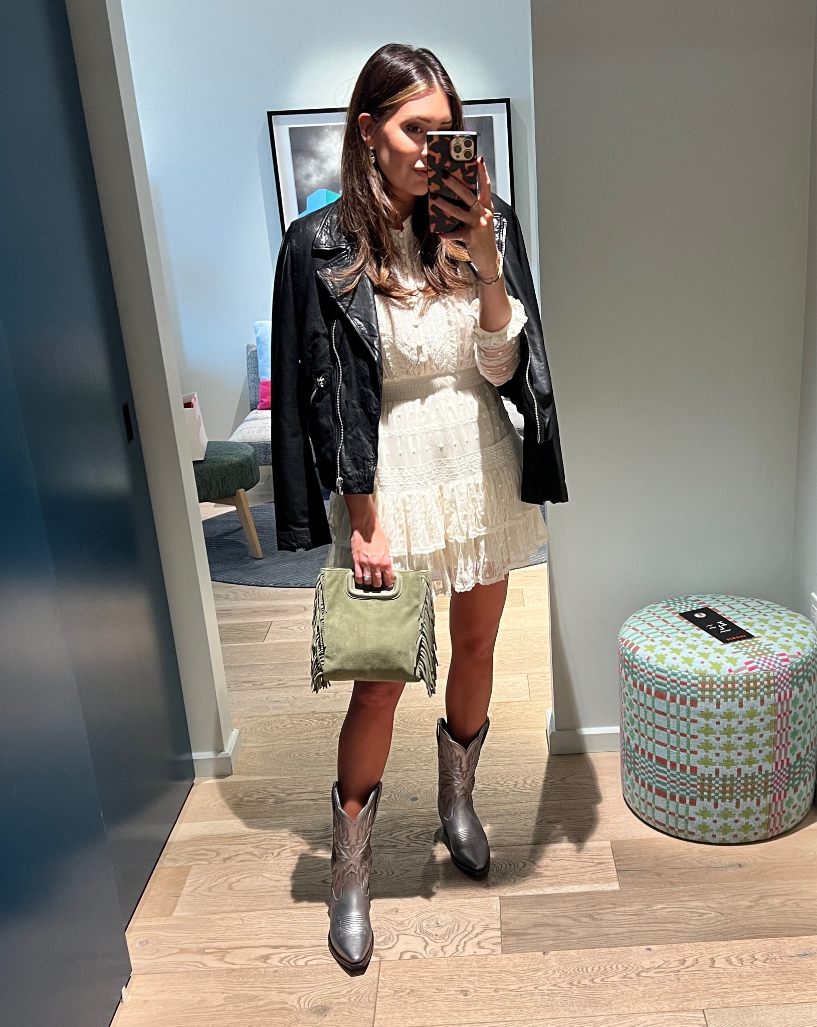 Size small in lace dress, size XL in leather jacket so it would be oversized. 

Rodeo outfit ideas, western boots, cowboy boots 

#LTKstyletip