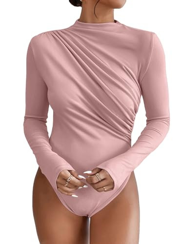SweatyRocks Women's Bodysuit Mock Neck Casual Ruched Long Sleeve Jumpsuit Light Pink M | Amazon (US)
