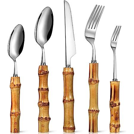 Bamboo Silverware Set Natural Bamboo Flatware Set Hand Crafted Bamboo Cutlery Utensils, Handmade ... | Amazon (US)