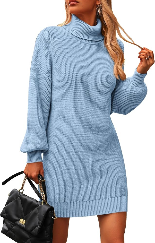 PRETTYGARDEN Sweater Dress for Women Long Puff Sleeve Turtleneck Ribbed Knit Oversized Pullover W... | Amazon (US)