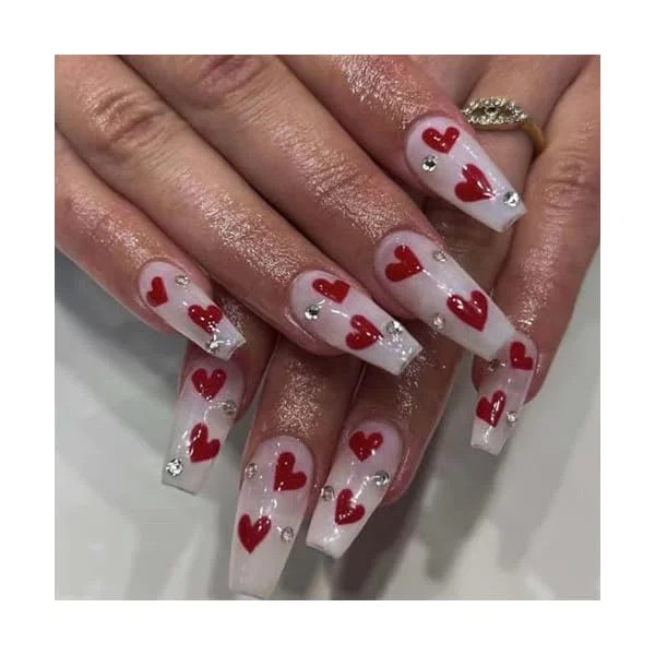 WEEKS Coffin Press on Nails Long Fake Nails Tips Full Cover Heart Valentine's Day False Rhineston... | Walmart (US)