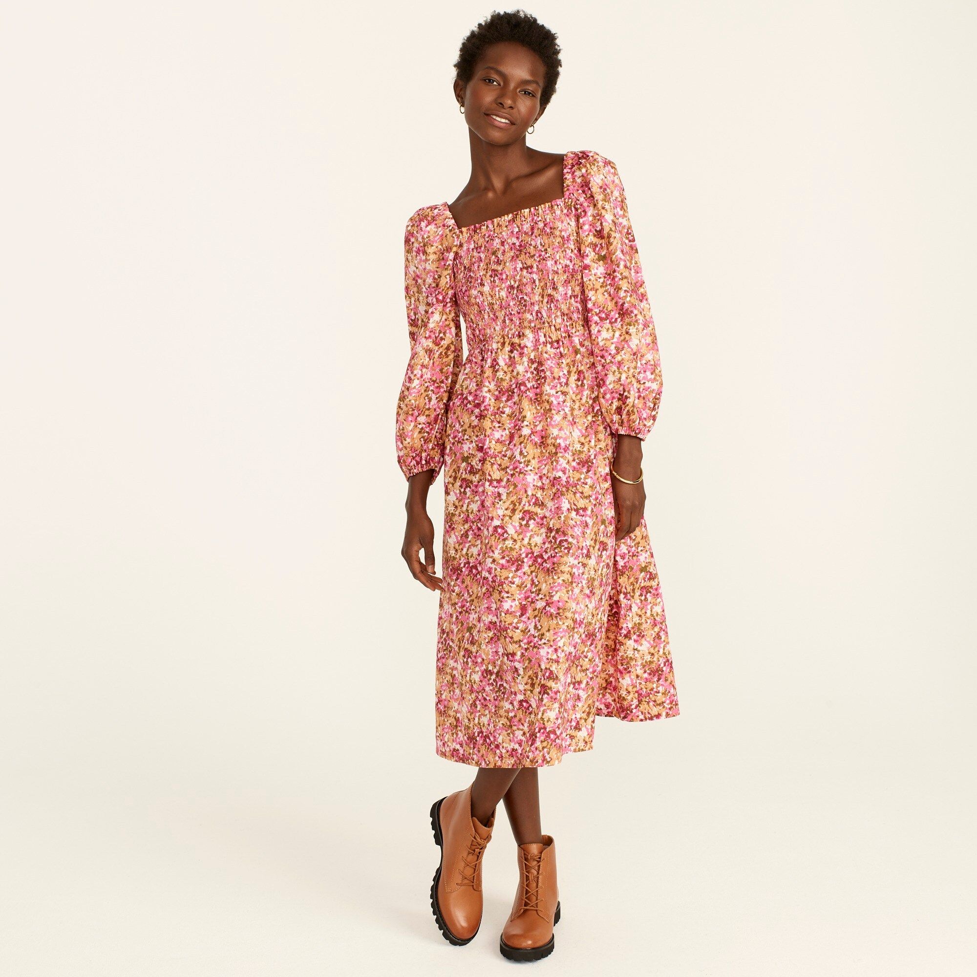 Smocked puff-sleeve dress in faded floral | J.Crew US