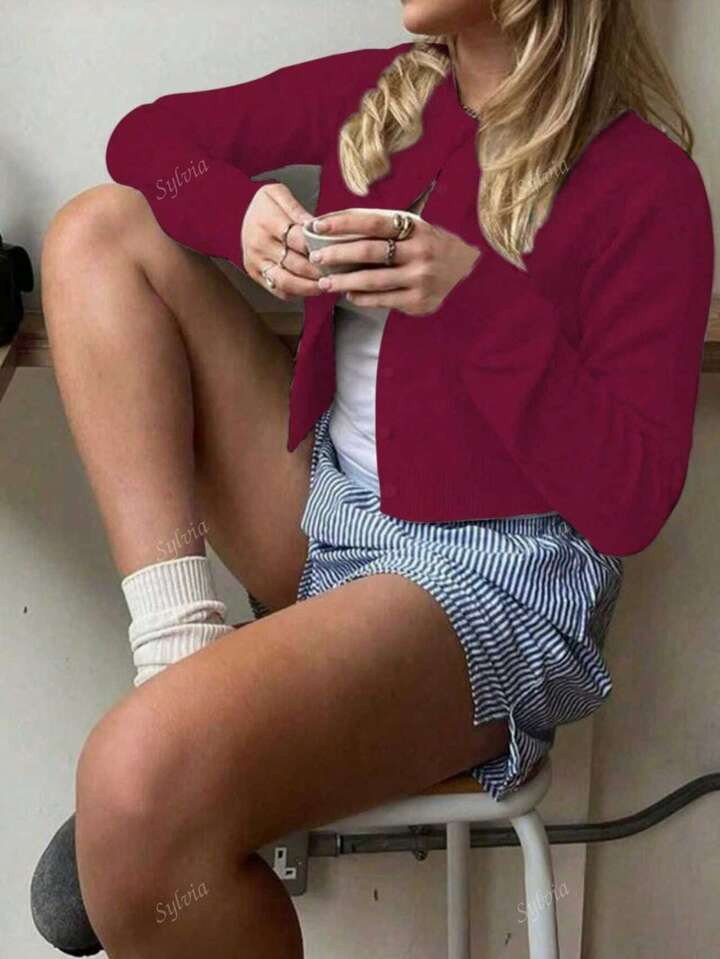 Women's Minimalist Solid Color Round Neck Button Long Sleeve Knit Cardigan Sweater, Suitable For ... | SHEIN