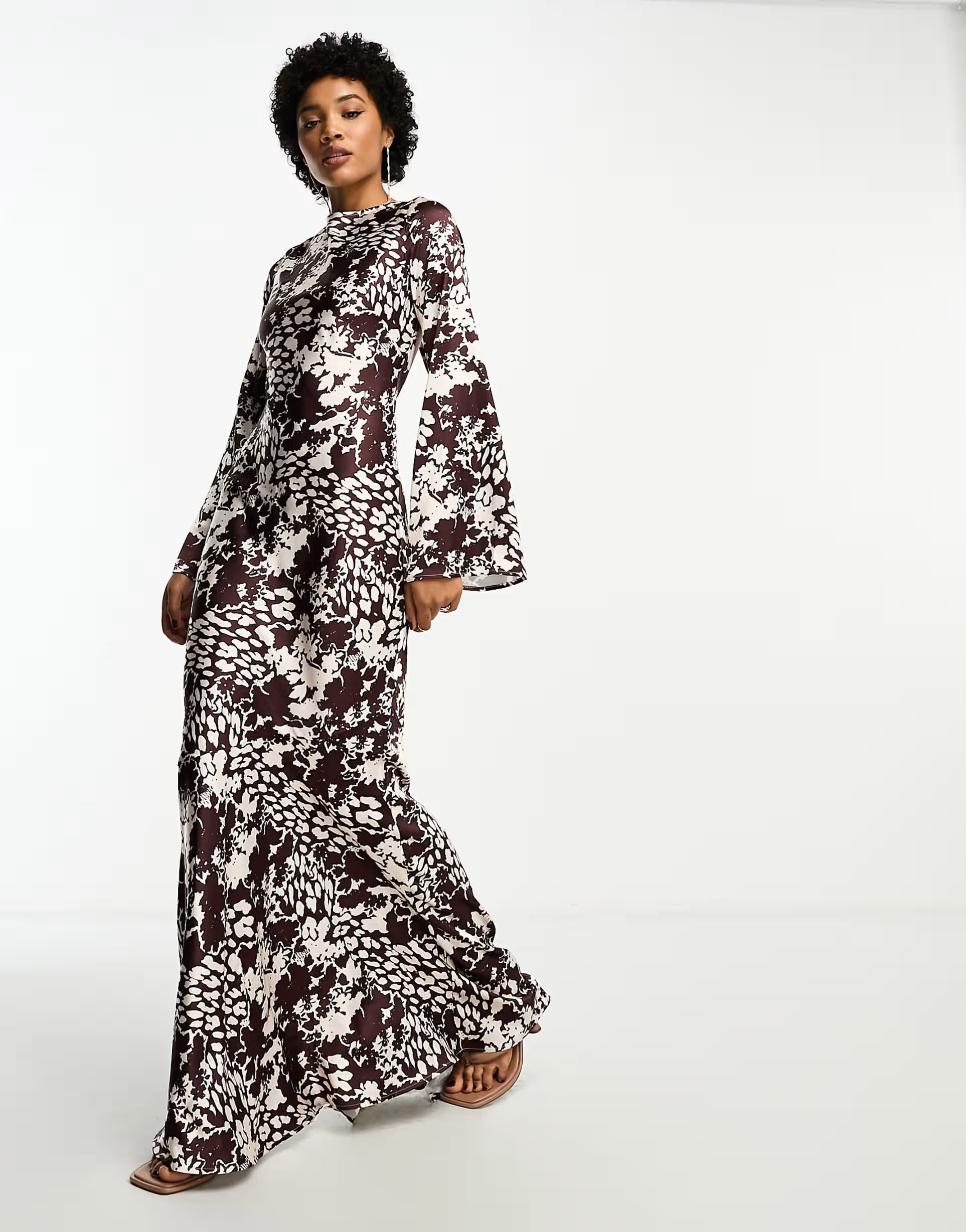 Day 6 flared sleeve low back maxi dress in chocolate animal print | ASOS | ASOS (Global)
