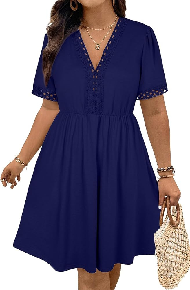 Eytino Womens Plus Size Dresses Short Sleeve Lace V Neck Hollow Out A Line Mini Dress 2026 Summer... | Amazon (US)