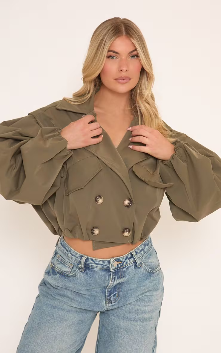 Long Sleeve Cinched Waist Cropped Trench Coat In Khaki Green | EGO Shoes (US & Canada)
