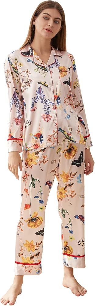 Women’s Silk Satin Classic Long Sleeve Pajamas Button Down Silky Floral Animals Pattern Set Lou... | Amazon (US)