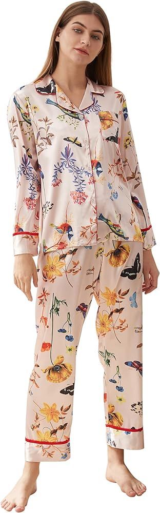 Belle Heure Women’s Silk Satin Classic Long Sleeve Pajamas Button Down Silky Floral Animals Pattern  | Amazon (US)