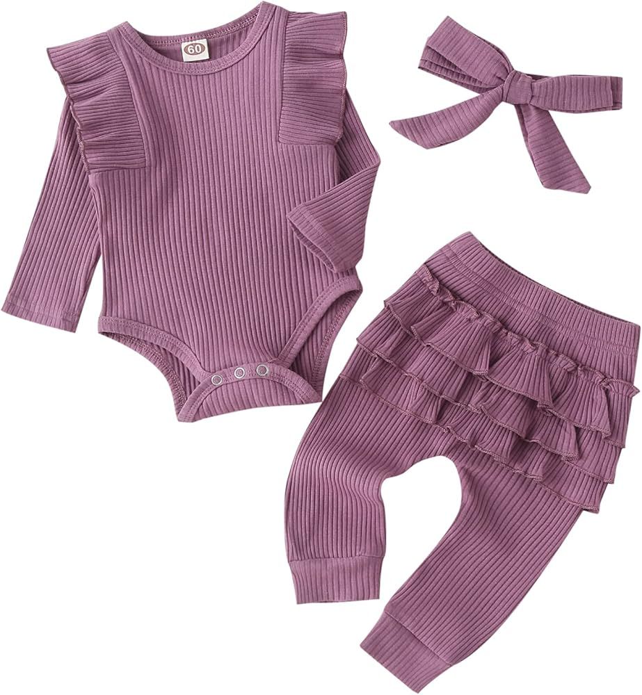 Baby Girl's 3pc Rib Frill Long Sleeve Romper and Pant Set | Amazon (US)