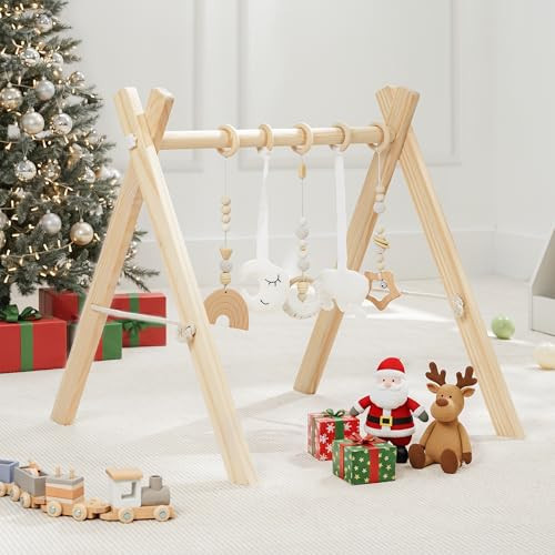 Comfy Cubs Wooden Baby Play Gym - Natural Finish Pinewood Baby Activity Gym with 5 Sensory Hanging Toys - Easy No-Tool Assembly, Safe and Durable for Infant Motor and Visual Development - Natural Wood | Amazon (US)