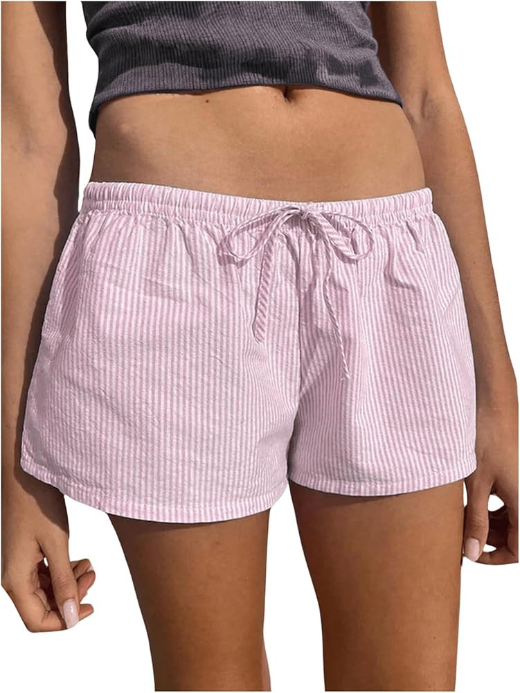 Women's Striped Shorts Print Drawstring Elastic Waist Shorts Casual Wide Leg Low Rise Summer Boxe... | Amazon (US)