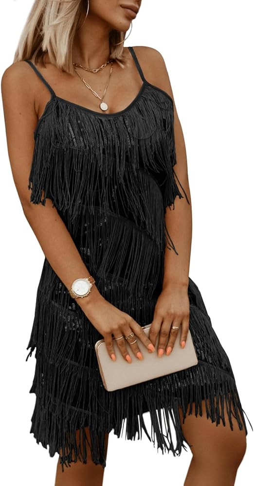 miduo Womens Sequin Tassel Fringe Party Dress Sleeveless Spaghetti Straps Flapper Dresses Cocktai... | Amazon (US)