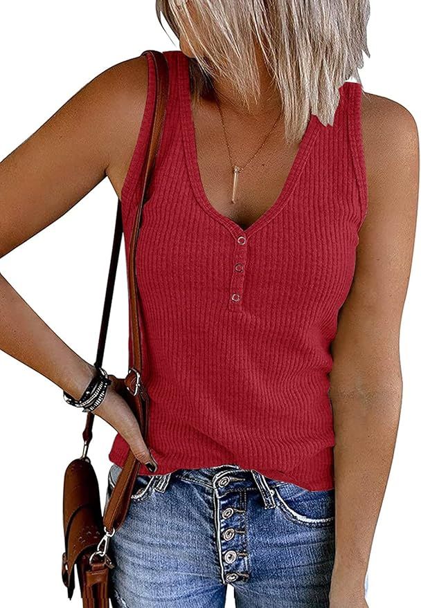 MEROKEETY Women's V Neck Tank Tops Summer Sleeveless Ribbed Button Casual Henley Shirts | Amazon (US)