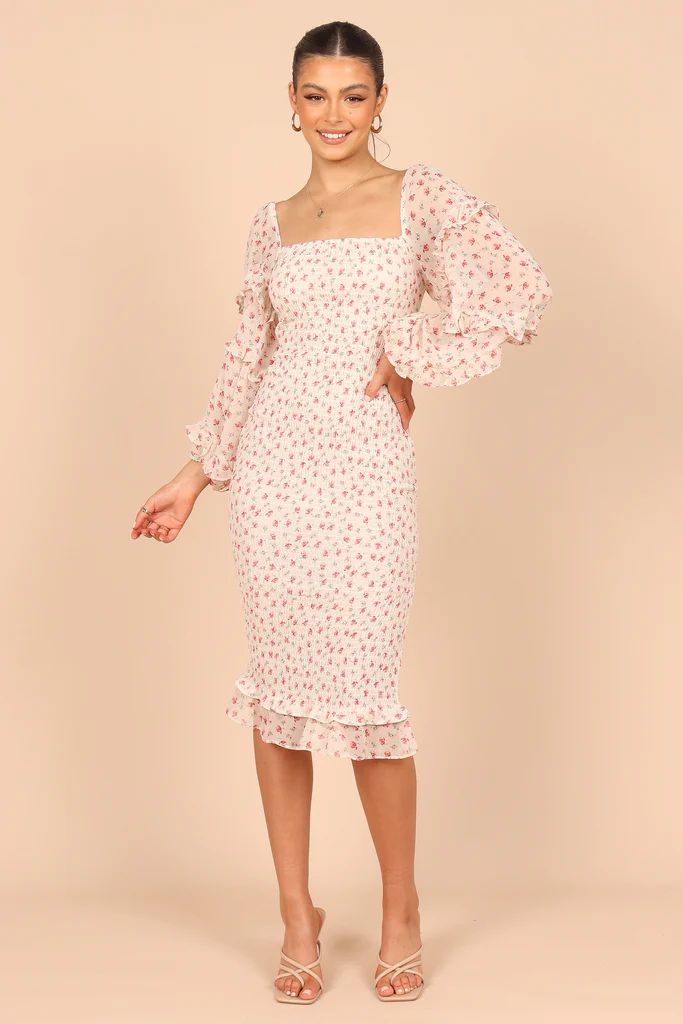 Bonita Shirred Frill Long Sleeve Bodycon Midi Dress - Cream Floral | Petal & Pup (US)