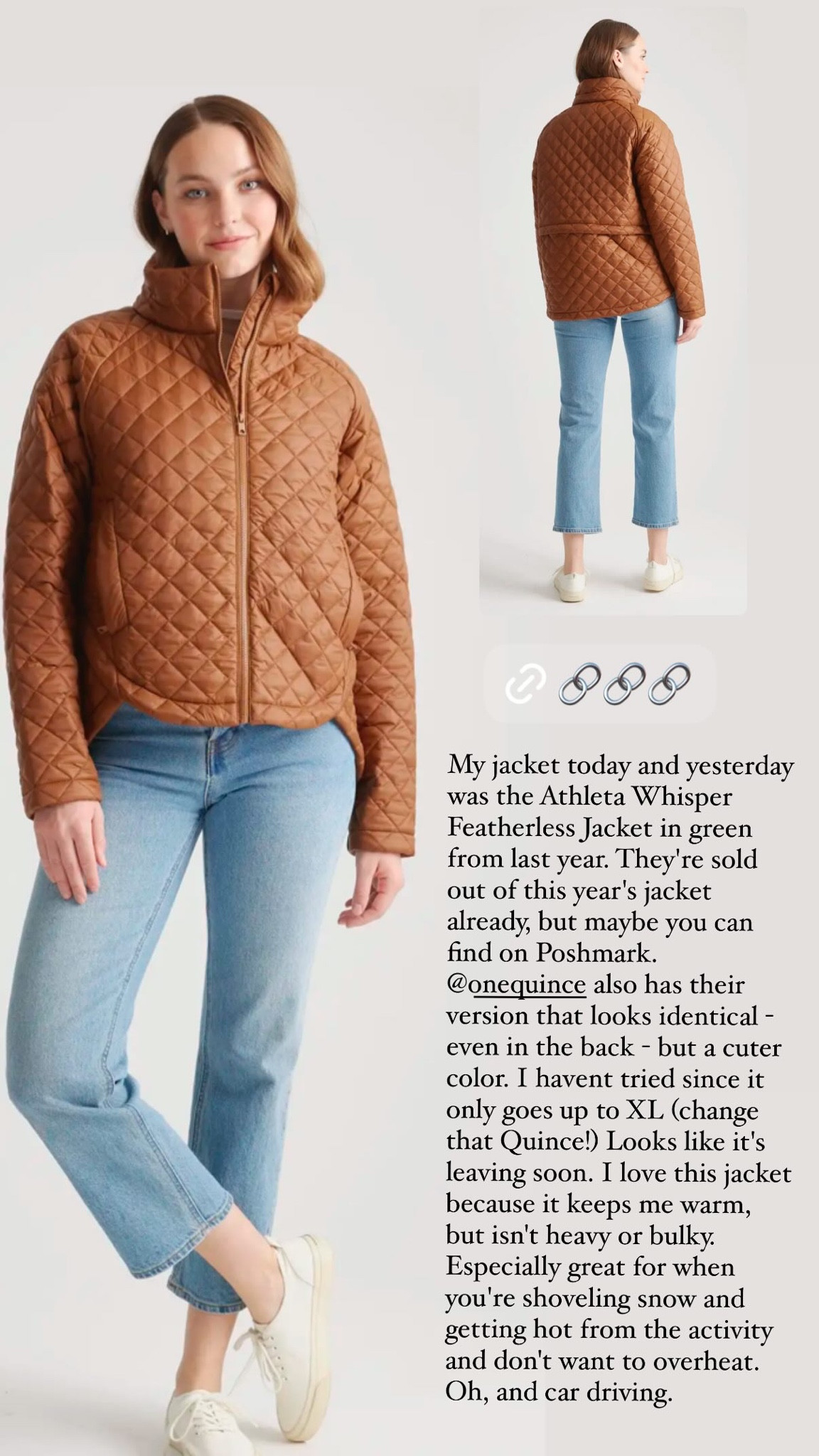 My jacket today and yesterday was the Athleta Whisper Featherless Jacket in green from last year. They're sold out of this year's jacket already, but maybe you can find on Poshmark. @onequince also has their version that looks identical - even in the back - but a cuter color. I havent tried since it only goes up to XL (change that Quince!) Looks like it's leaving soon. I love this jacket because it keeps me warm, but isn't heavy or bulky. Especially great for when you're shoveling snow and getting hot from the activity and don't want to overheat. Oh, and car driving.