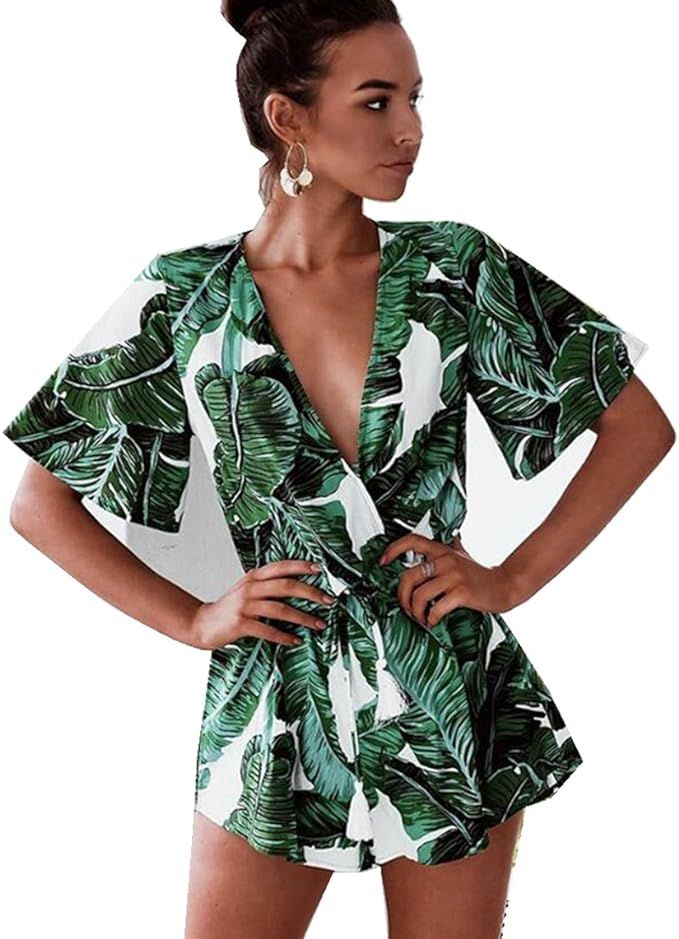 Asskdan Women's Fashion V Neck Leaves Print Short Sleeve Jumpsuit Rompers | Amazon (US)