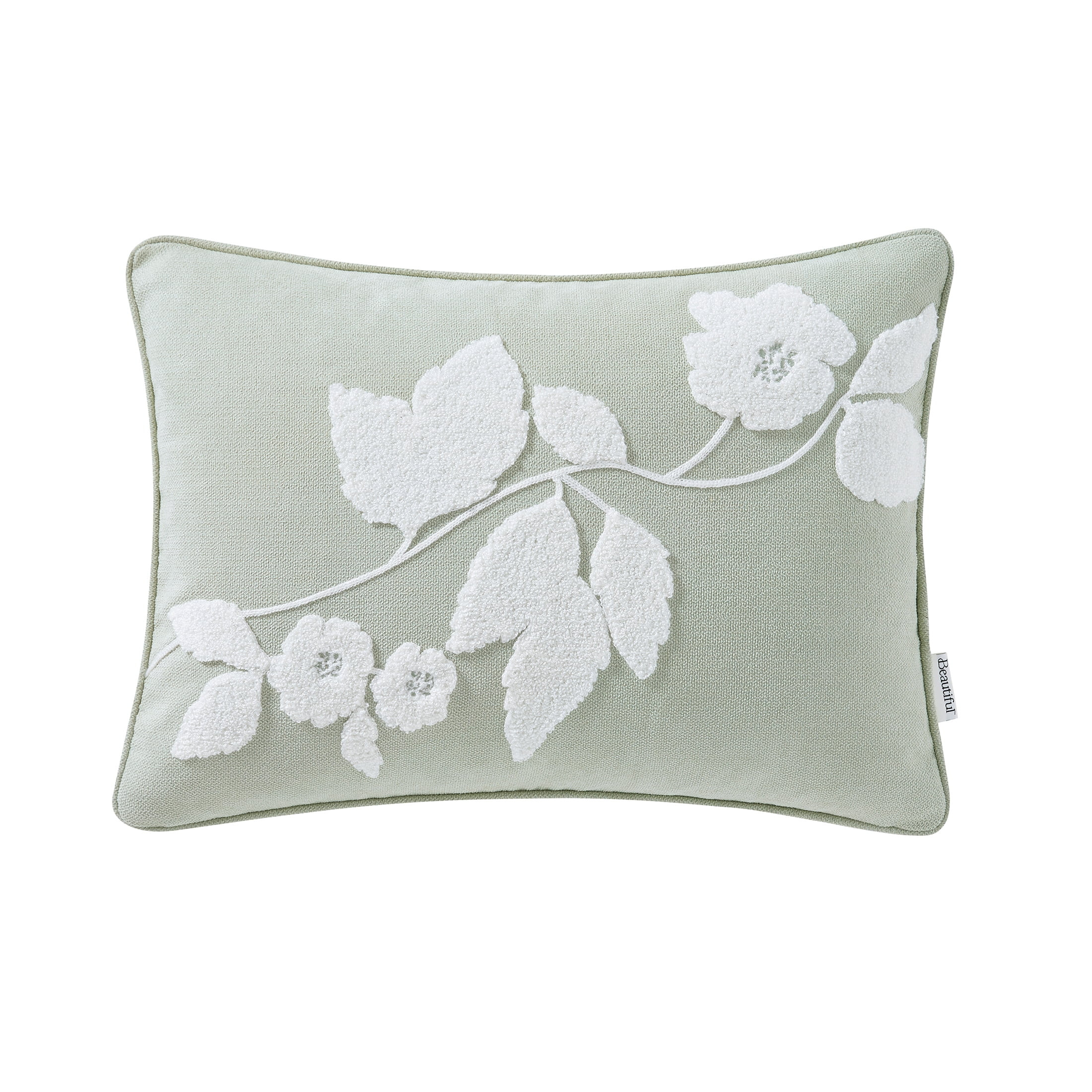 Beautiful Boucle Embroidered Floral Decorative Pillow by Drew Barrymore, 14" x 20", Sage | Walmart (US)