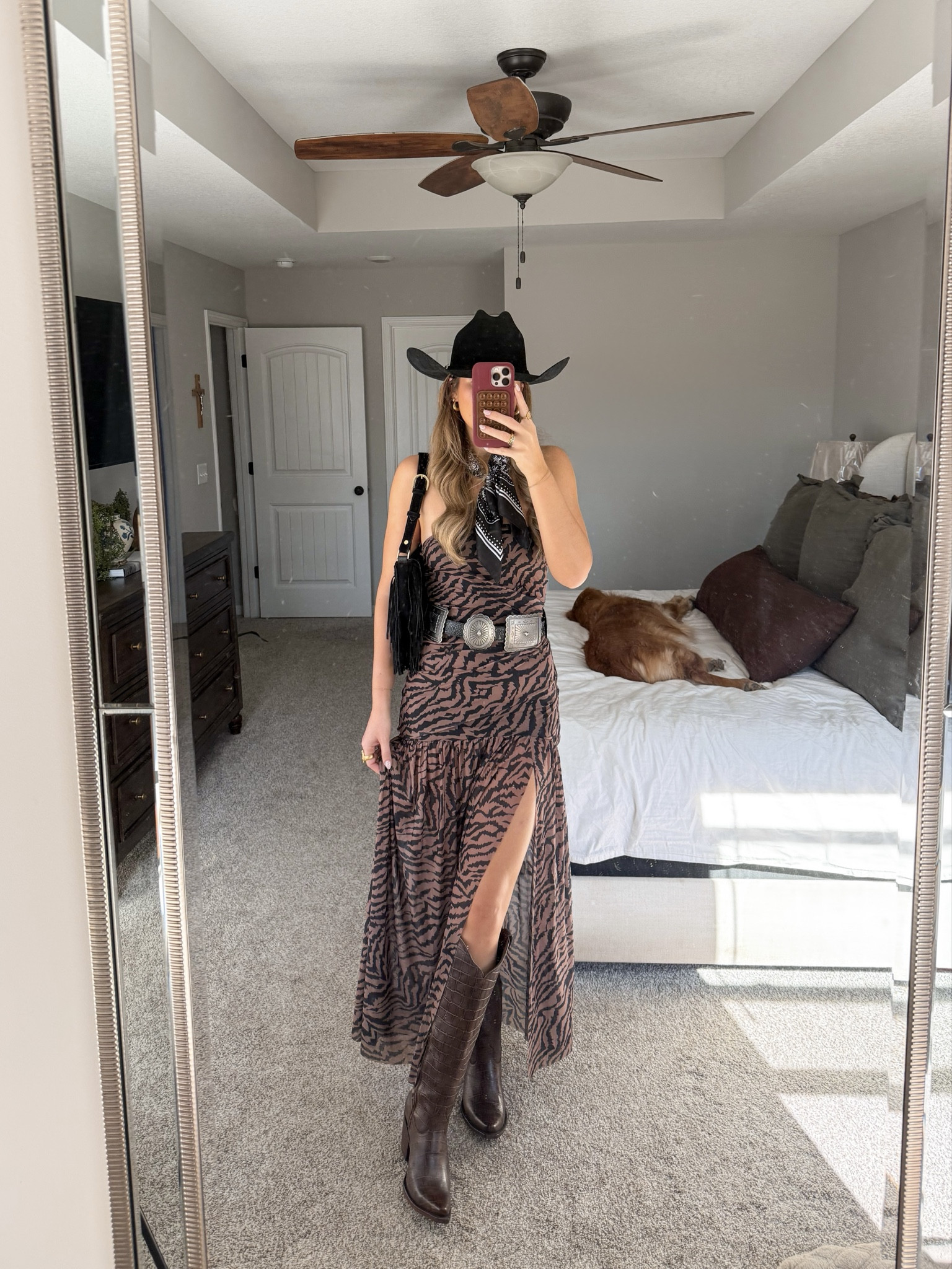 amazon zebra dress in a small, cowboy boots tts, can’t link hat (from boot barn) and belt in a small. bag is old- linked similar 

western outfit, rodeo outfit, country concert outfit 

#LTKgrwm #LTKTall #LTKootd