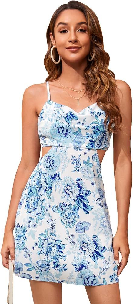 WDIRARA Women's Floral Print Cut Out Draped Cowl Neck Backless Mini Cami Dress | Amazon (US)