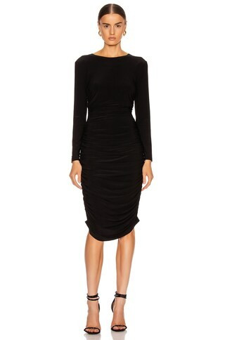 Norma Kamali Long Sleeve Shirred Dress in Black - Black. Size S (also in M, XS). | FWRD 