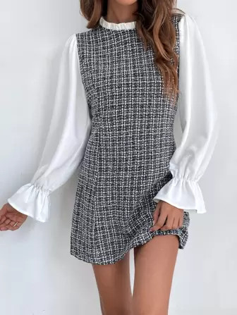 SHEIN Privé Plaid Flounce Sleeve Frill Trim Tweed 2 In 1 Dress | SHEIN