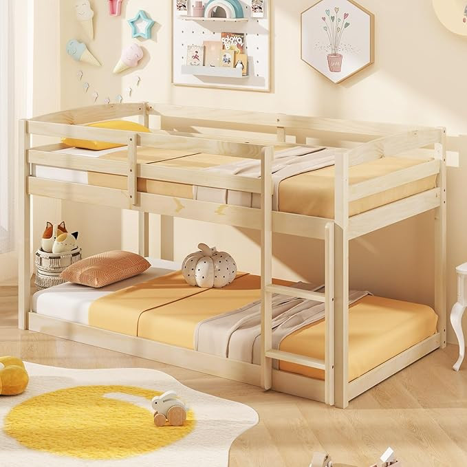 KOMFOTT Low Bunk Bed Twin Over Twin, Solid Wood Twin Bed Frame with Built-in Ladder & Safety Guar... | Amazon (US)