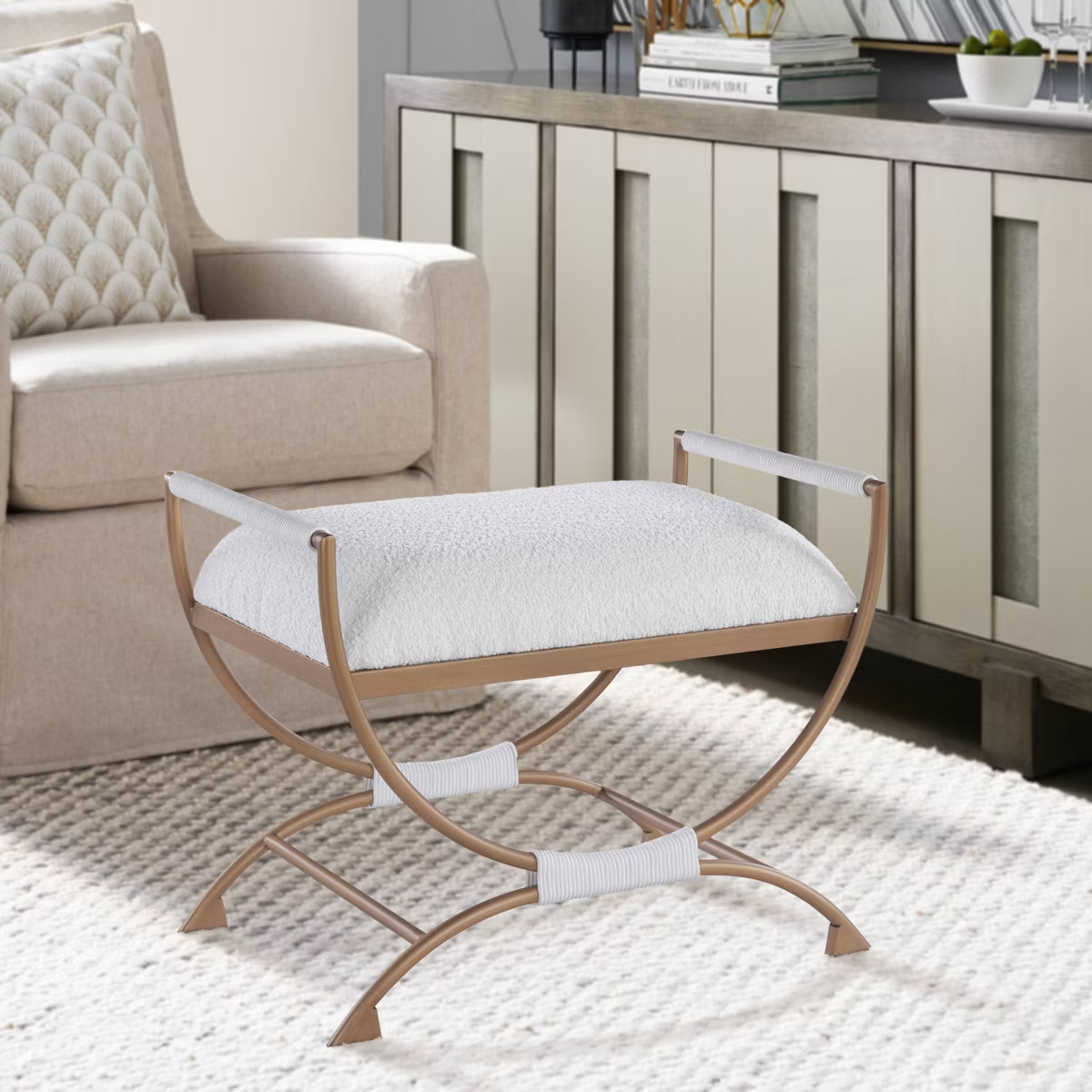 Comfort Pointe Norwich Accent Bench White: Upholstered Rectangle, Metal Frame, Foam Cushion | Target