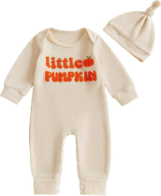 Newborn Infant Baby Boy Halloween Outfit Little Pumpkin Embroidery Romper Waffle Knit Long Sleeve... | Amazon (US)