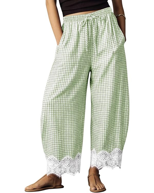 Womens Lace Hem Gingham Barrel Pants Wide Leg Elastic Drawstring Waist Lounge Pants Plaid Trouser... | Amazon (US)