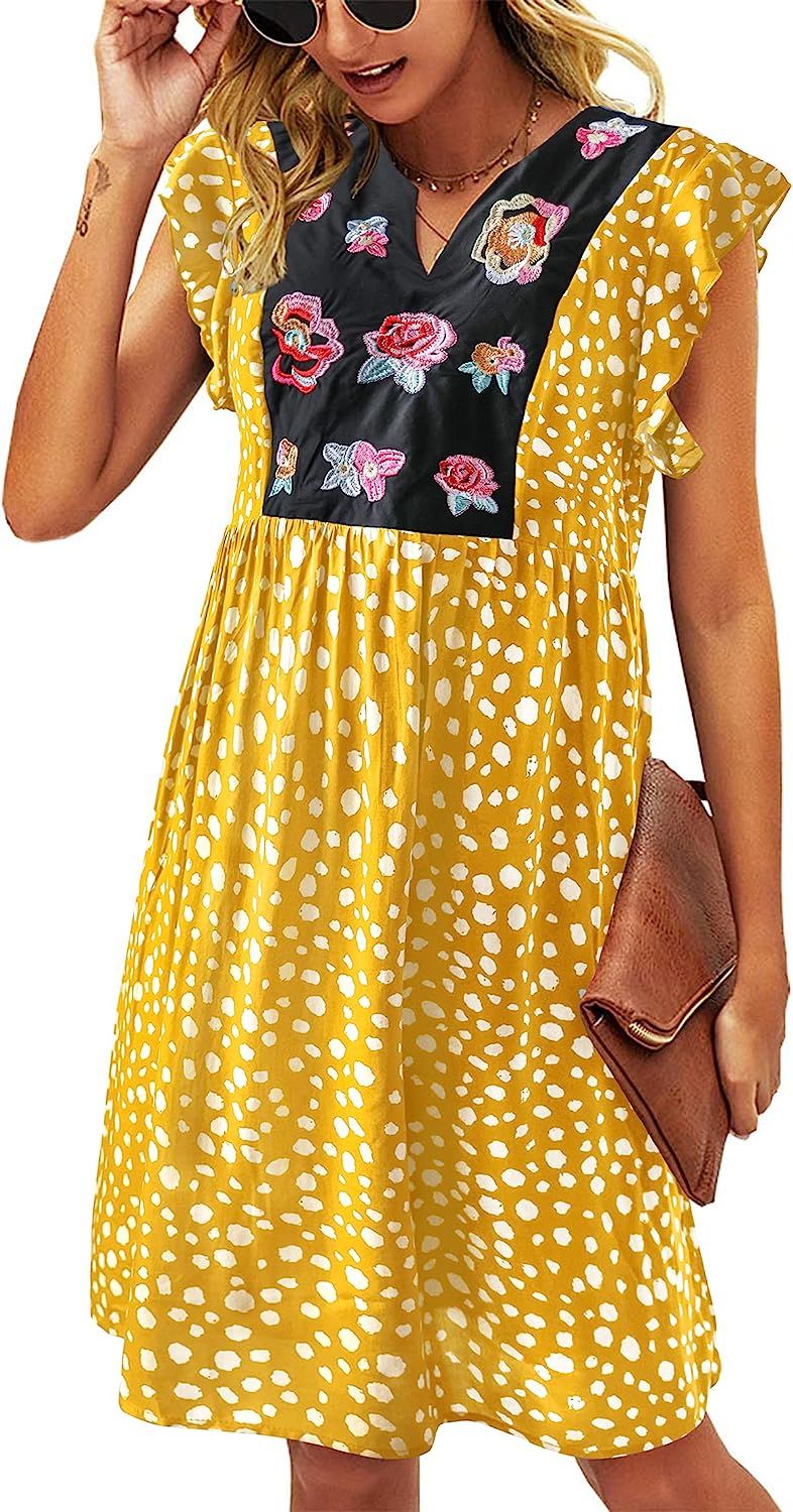 KIRUNDO Women's 2023 Summer Leopard Mini Dress V Neck Embroidered Floral Bohemia Sleeveless Flowy... | Amazon (US)
