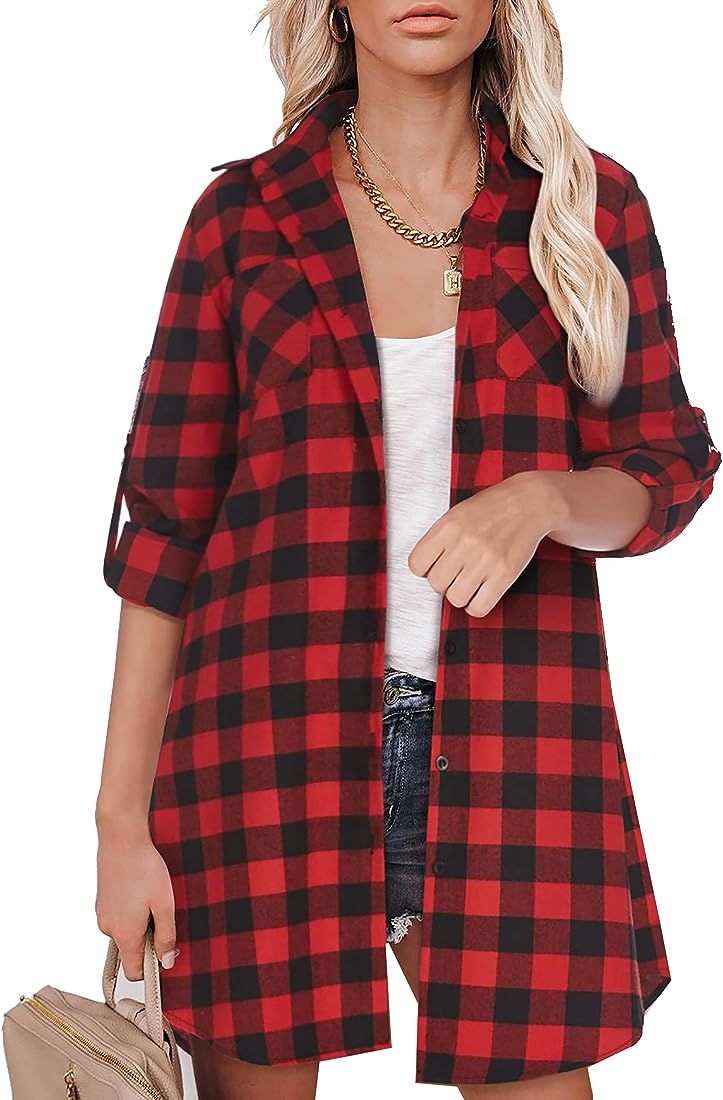 Hotouch Womens Flannel Plaid Shirts Dress Roll Up Long Sleeve Pockets Casual Button Down Long Shi... | Amazon (US)