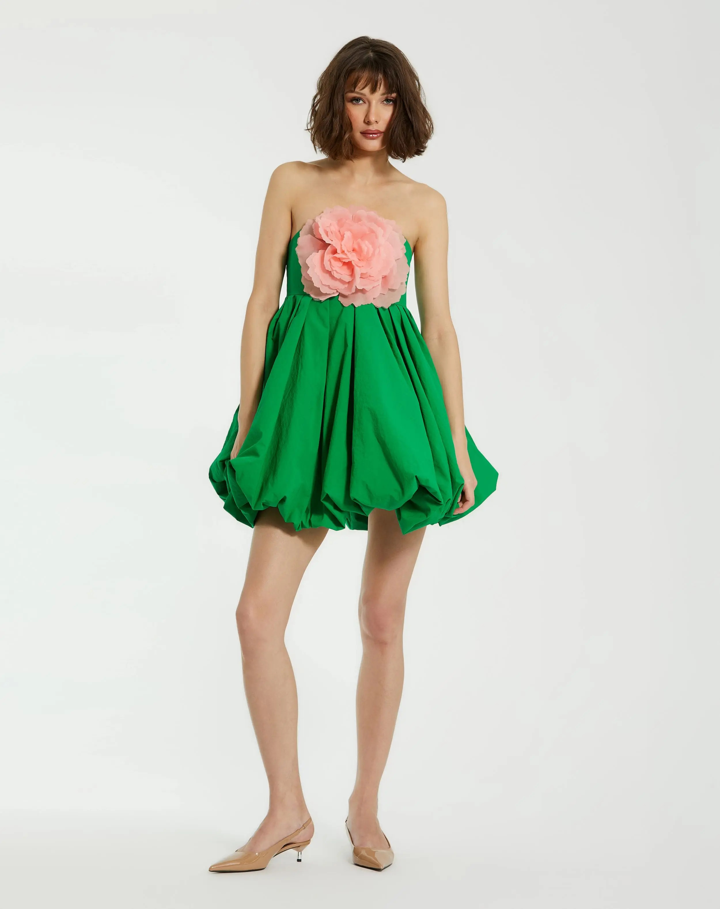 Green Strapless Faille Mini Dress With 3D Flower - Mac Duggal | Mac Duggal