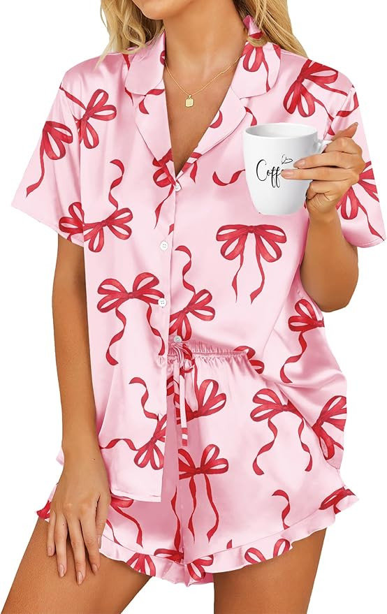 HOTOUCH Womens Satin Pajamas Set Button Down 2 Piece Silk Pjs Shorts Set Ruffle Lingerie Notch Co... | Amazon (US)