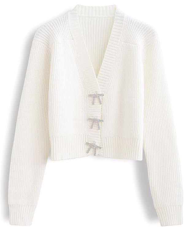 CHICWISH Women Crop Cardigan Sweaters Bowknot Brooch Button Knit Cardigans Open Front Long Sleeve... | Amazon (US)