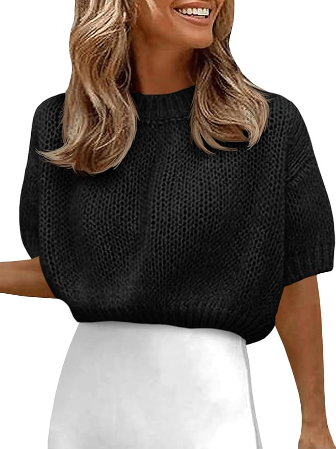 Fisoew Puff Short Sleeve Cropped Sweater for Women Knit Crewneck Trendy Crop Tops | Amazon (US)