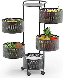 JAQ Rotating Fruit Basket, 5-Tier Metal Sturdy Kitchen Storage Rack Shelf Carts No Assembly on Ro... | Amazon (US)