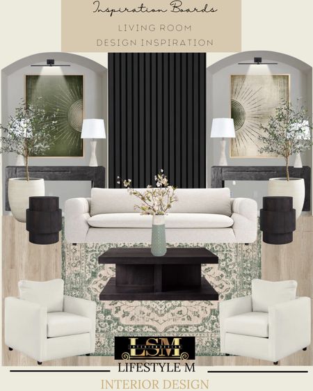 Black wood coffee table, round wood end table, white accent chair, green living room rug, green vase, faux fake plant, wood floor tile, white tree planter, white sofa, faux fake tree, wood console table, black wood wall panels, table lamp, wall art, led light.

#LTKhome #LTKstyletip #LTKFind