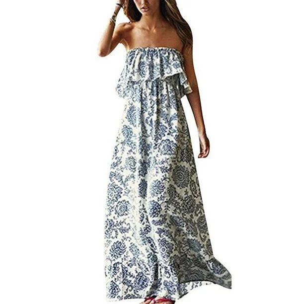 Women Summer Blue and White Porcelain Strapless Boho Maxi Long Dress - Walmart.com | Walmart (US)