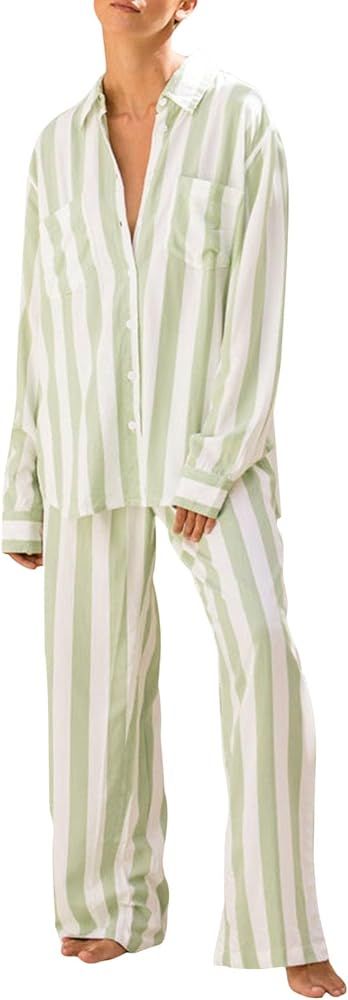 Geogenry Women's Pajama Sets Button Down Soft Long Sleeve Striped Print Sleepwear Pjs Two Piece L... | Amazon (US)