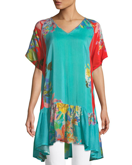 Happy Short-Sleeve Printed Flounce Tunic | Neiman Marcus