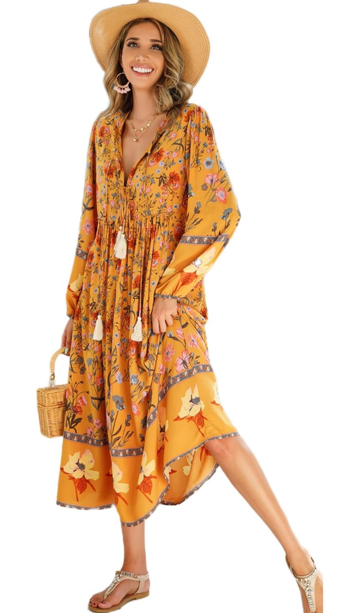 R.Vivimos Women's Long Sleeve Floral Print Retro V Neck Tassel Bohemian Midi Dresses

#LTKFindsUnder50 #LTKSaleAlert