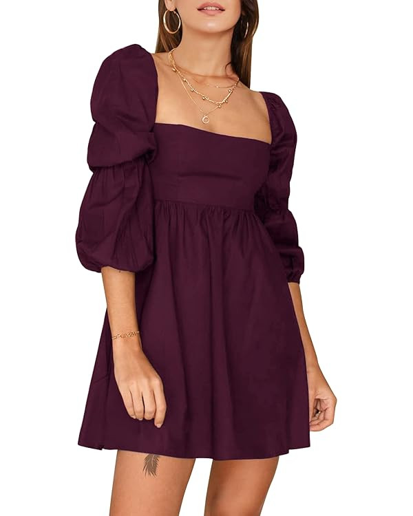 EXLURA Womens Square Neck Dress Long Puff Sleeve A-Line Casual Short Mini Dress | Amazon (US)