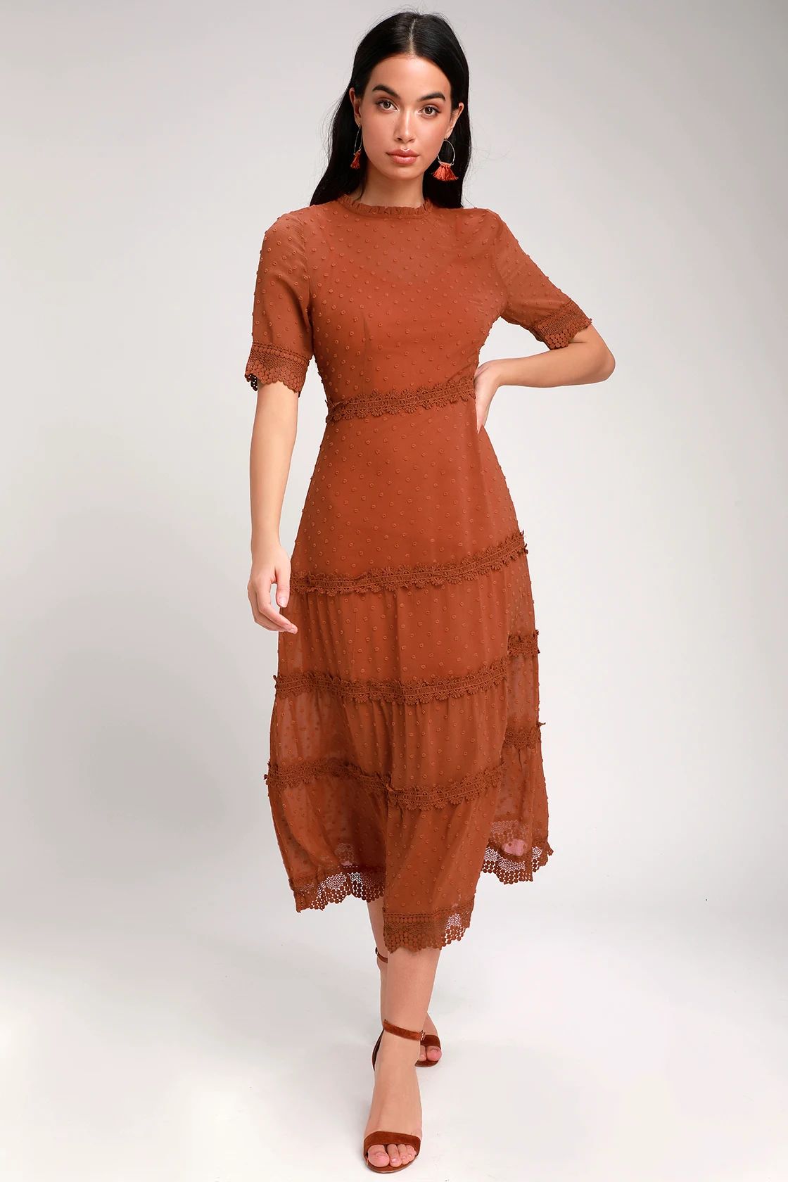 Dreaming of You Rust Orange Swiss Dot Midi Dress | Lulus (US)