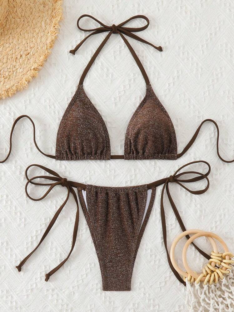 [Store Shopped] Swim Basics Summer Beach Glitter Triangle Tie Side Brown Bikini | SHEIN
