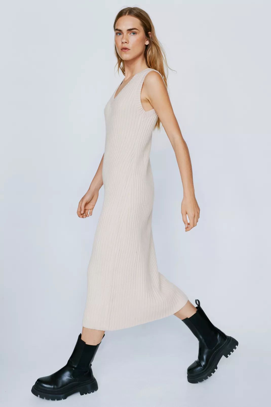 Ribbed Knitted V Neck Tank Sweater Vest Dress | Nasty Gal Canada