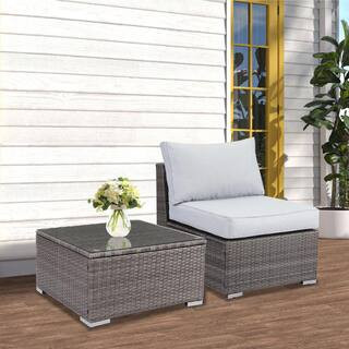 2-Piece Wicker Patio Furniture Set, Outdoor Sectional Furniture with Armless Sofa, Tempered Glass Table & Cushion, Gray | The Home Depot