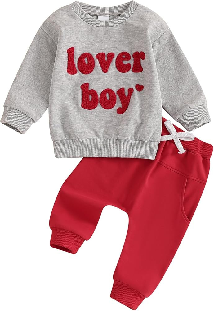 Toddler Baby Boy Valentine Outfits Lover Boy Embroidery Letter Sweatshirt Pullover Tops Jogger Pa... | Amazon (US)