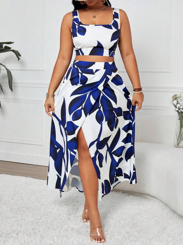 SHEIN VCAY Plus Size Random Printed Vacation Style Halter Neck Cami Top With High Slit Midi Skirt... | SHEIN