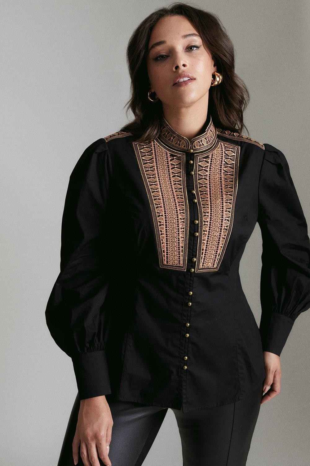 Curve Poplin Tape Embroidery Woven Shirt | Karen Millen UK & IE