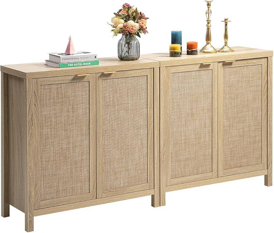 SICOTAS Credenza Sideboard Buffet Cabinet - Boho Rattan Kitchen Storage Cabinet with 4 Rattan Dec... | Amazon (US)